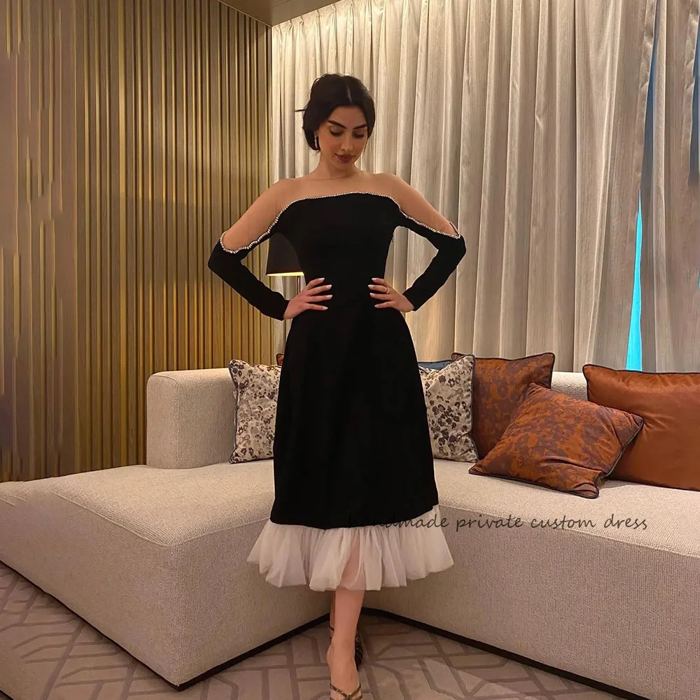 

Black Velvet A Line Evening Dresses Off Shoulder White Tulle Tea Length Saudi Arabic Prom Party Gowns Elegant Formal Dress