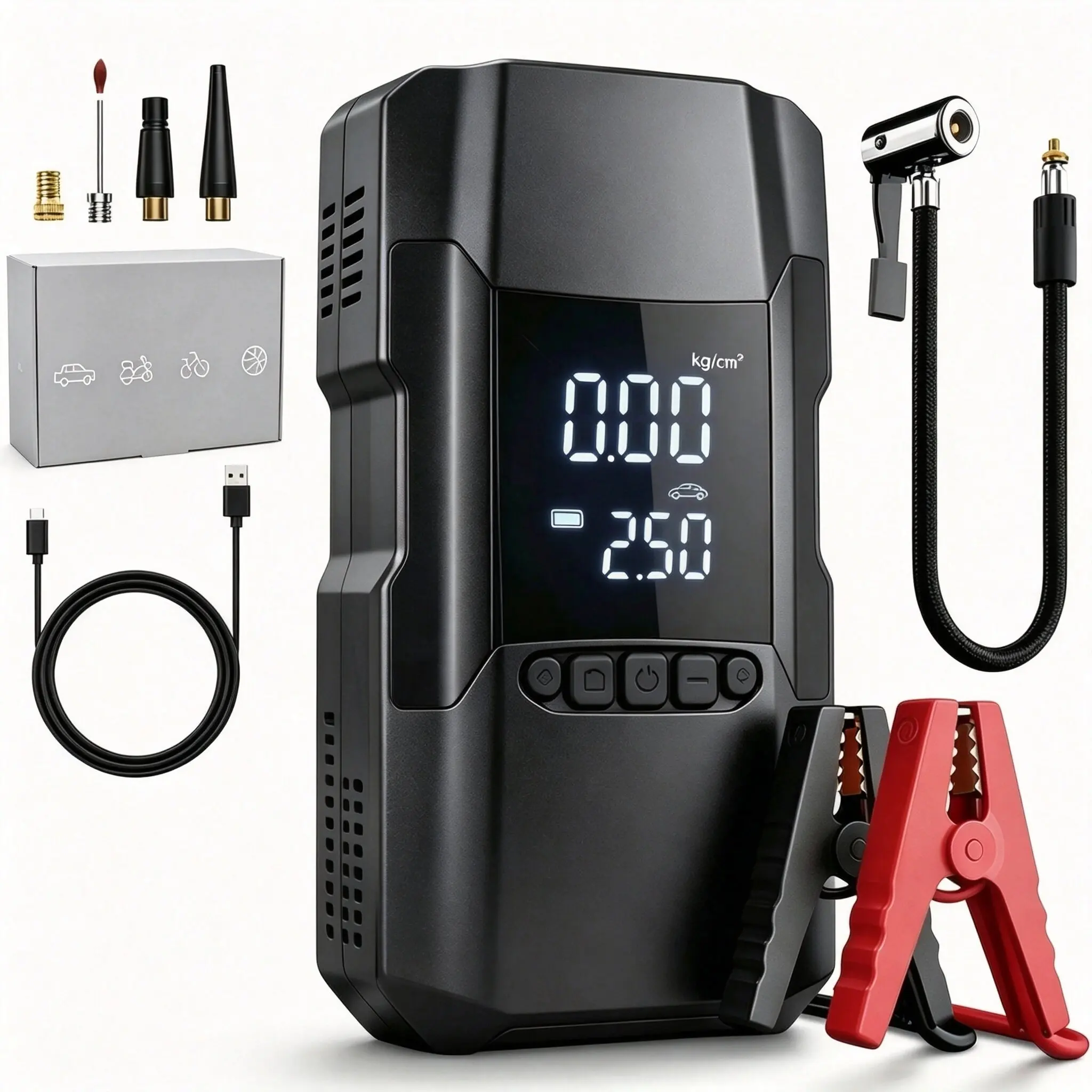 High-Quality Portable Car Emergency Jump Starter with Air Pump, 150Psi Auto-Shutoff Tire Inflator, 12V High-Safety Lithium Power Bank, Display Screen and Led Lighting, USB Output, Car Accessories Tools, Motorcycle Accessories, Car Jump Starter