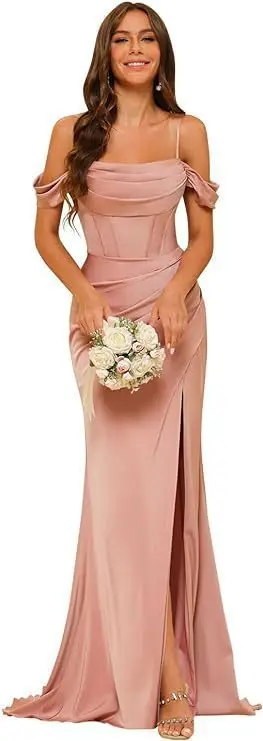 Satin Off-Shoulder Brautjungfernkleid Damen Wasserfallausschnitt Gerafftes Meerjungfrauenkleid mit Hohem Schlitz Maxi-Abendkleid für Hochzeitsfeier Formelle Kleider – Detail 4