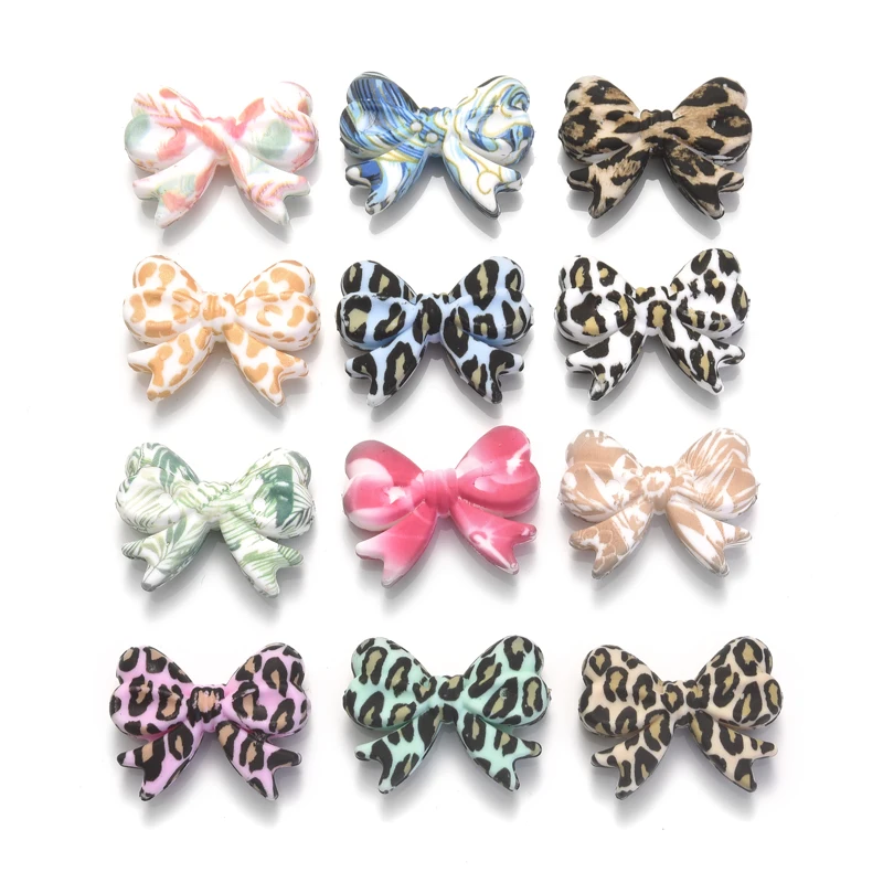 5Pcs Leopard Print Bows Silicone Beads 22x28mm Baby Teething Teether Beads DIY Baby Pacifier Chain Bracelet Care Chew Toys Gifts