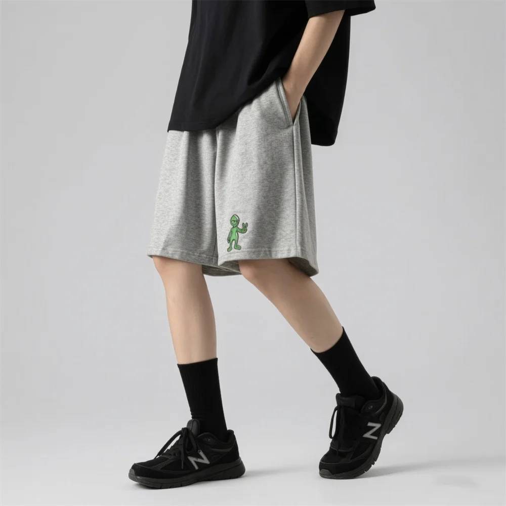 Y2K Women's Casual Sweat Shorts Grey Alien Embroidery Loose High Waist Streetwear Knee Length Fashion Athletic Shorts for Summer