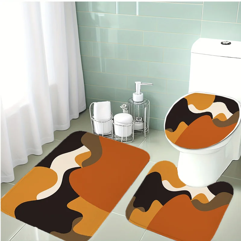 

Набор из 3-х ковриков для ванной: карамельно-оранжевый, коричневый, кремовый, плюшевый, с цветными блоками, нескользящий, U-образный, для туалета и декора ванной комнаты