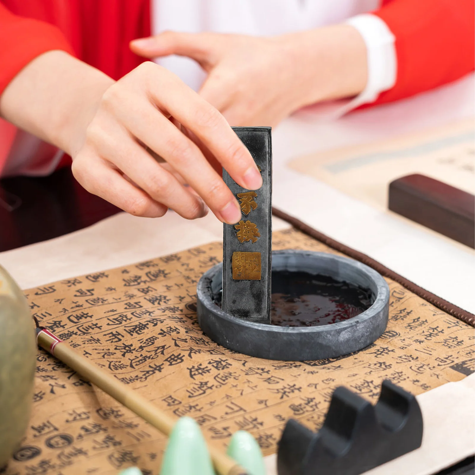 Ink Calligraphy Chinese Inkstone Stick Painting Stone Block Accessories grinding Soot Strip Kanji Dish Rest Brush(Random Color)