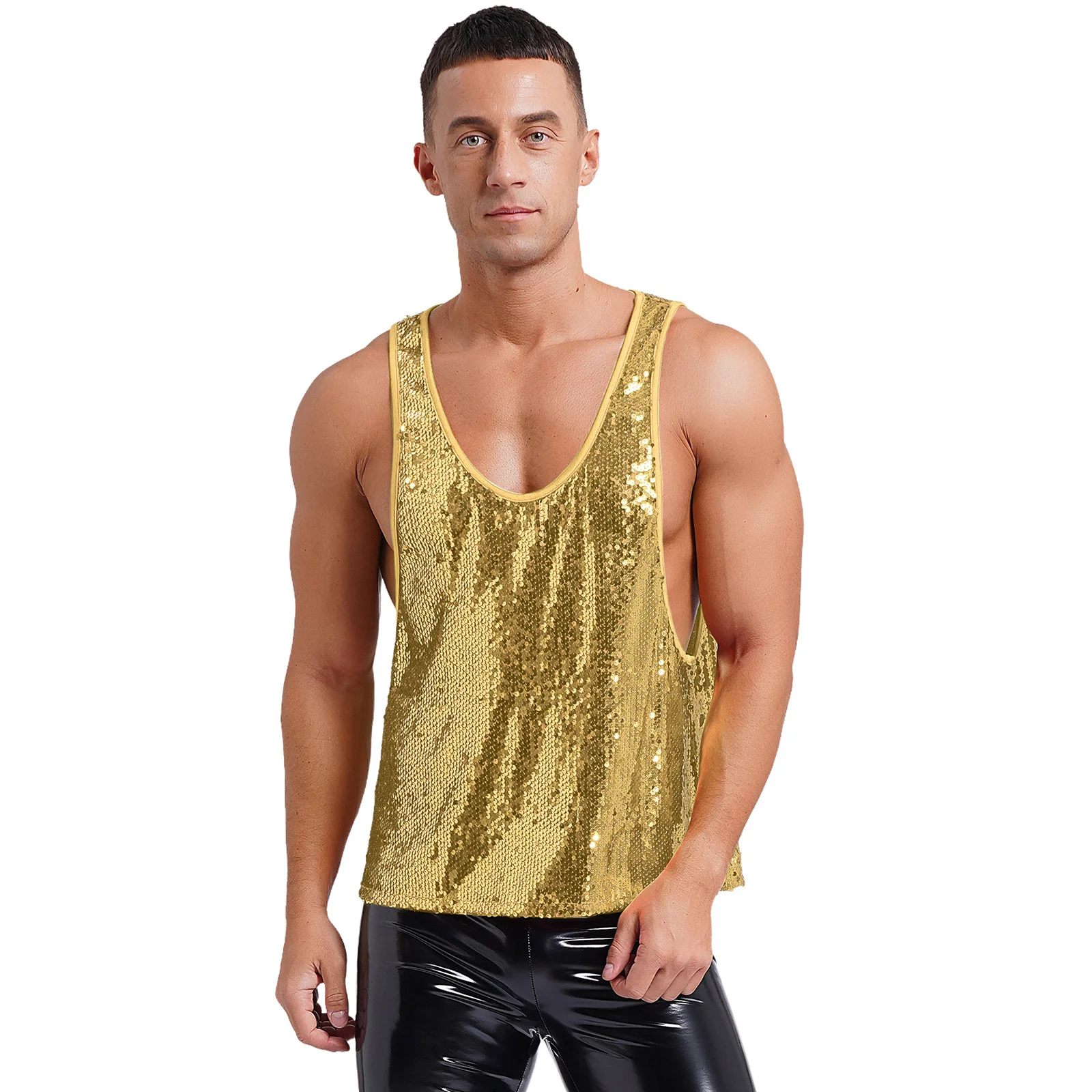 Mens Glitter Sequin Dance Vest Tank Tops Low Crew Neck Smooth Lining Waistcoat Top for Club Music Festival Disco Party Dancing