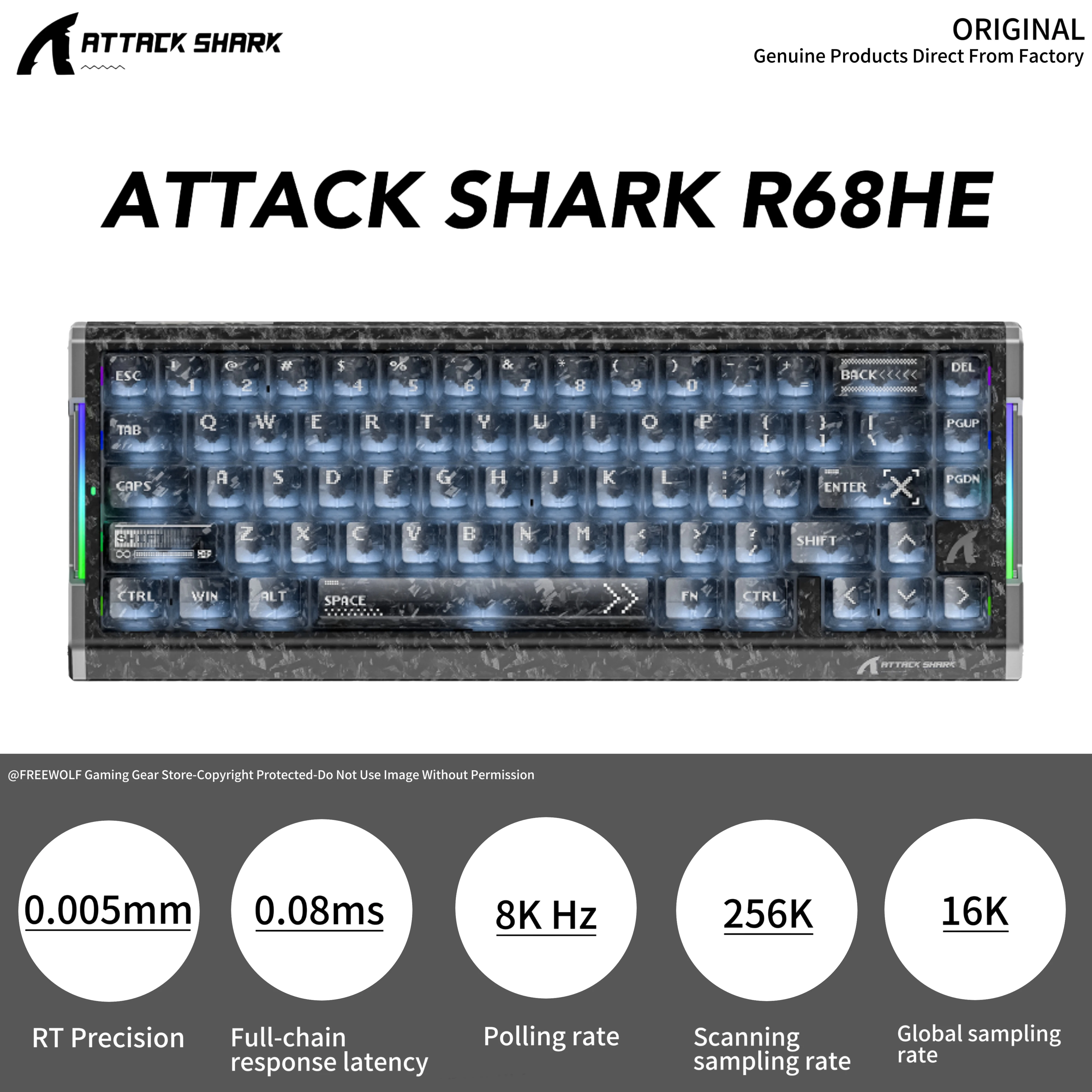 ATTACK SHARK R68HE Wired RGB Carbon Fiber keyboard,0.08ms Full-Chain Response Latency,Dust-proof Transparent Shell Design