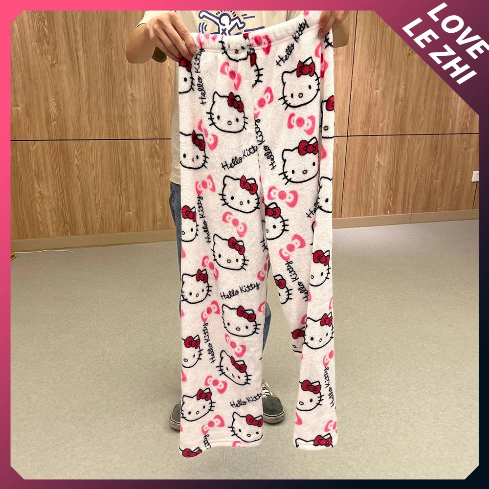 Sanrio Hello Kitty calças de flanelpara mulheres, calça quente, pijama solto, moda anime kawaii, calça casual para casa, outono, inverno