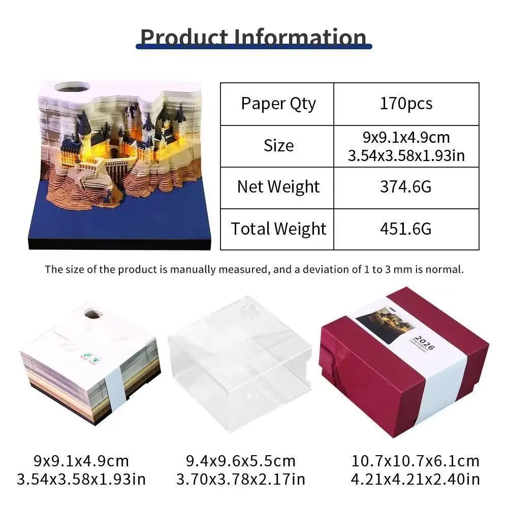 With Lights Paper Sculpture Calendar Notepad 3D Paper Craft Magic Castle Calendar Desktop Ornament 2026 Weekly Calendar