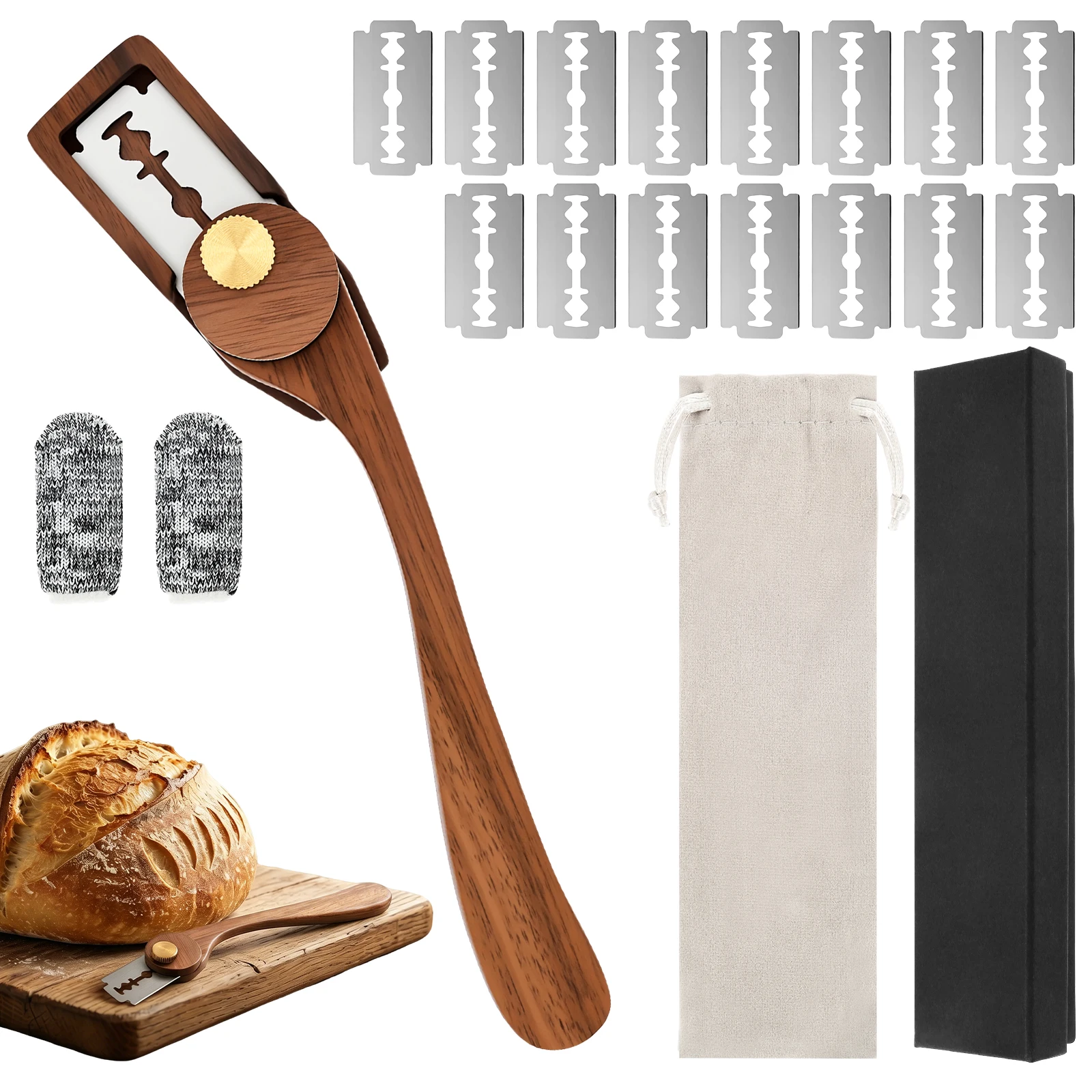 Gebogenes Brotmesser aus Edelstahl, Teigmesser für Sauerteig, Ergonomische Griffe mit Ersatzklingen
