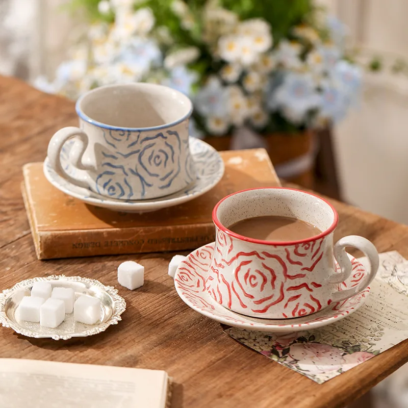 

300ML European-style Ceramic Rose Coffee Cup and Saucer Exquisite Afternoon Tea Flower Tea Coffee Cup Home Breakfast Milk Mug