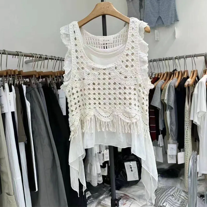 

Knitted Sweater Women Pullovers New Summer Sleeveless Hollow Out Asymmetrical Knit Sweater Pullover Women Tops O-Neck 2026 Q5264