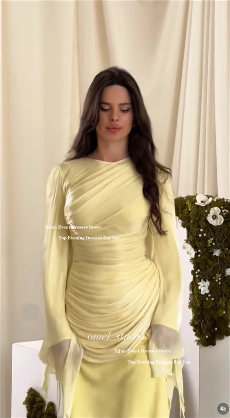 Xijun Luxury Baby Yellow Evening Dresses Mermaid Pleated Cape Sleeves Dubai Prom Dresses O-Neck Formal Prom Gowns Customized image 3