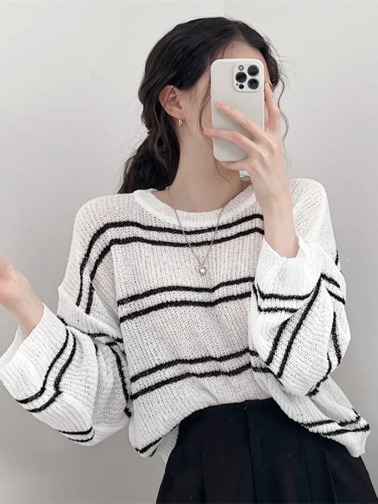 Korean Chic Sweaters Women's Clothes Long Sleeve Casual Jumper Sueter Mujer Korean Knitting Thin Striped Pullovers Pull Femme