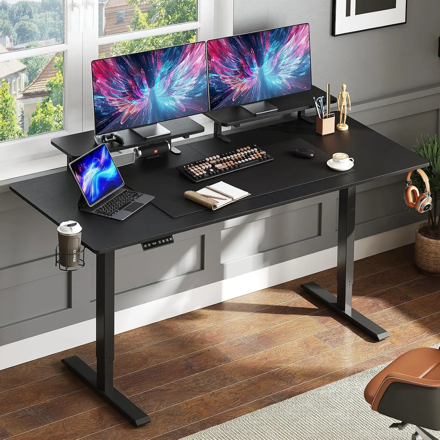 Electric Standing Desk With Dual Monitor Shelves, 71x24 Inch Memory Height Control 28-46 Inch Workstation, Customized