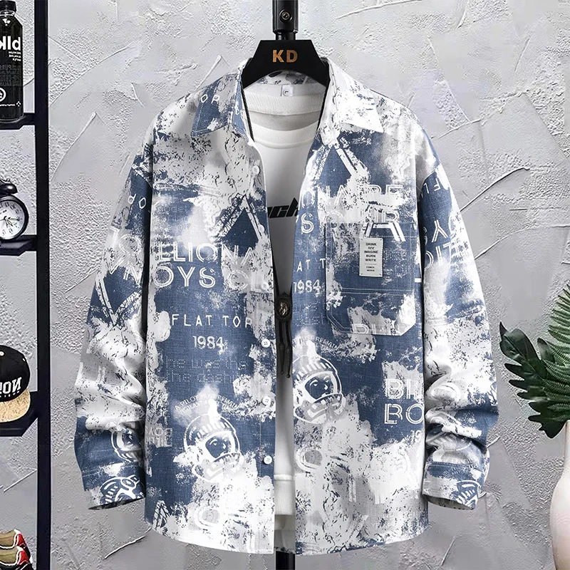 Spring Autumn Men's Casual Long Sleeved Shirt Jacket Fashion Tie Dye Coat Fashion Trend Loose Printed Single Breasted Shirt Tops