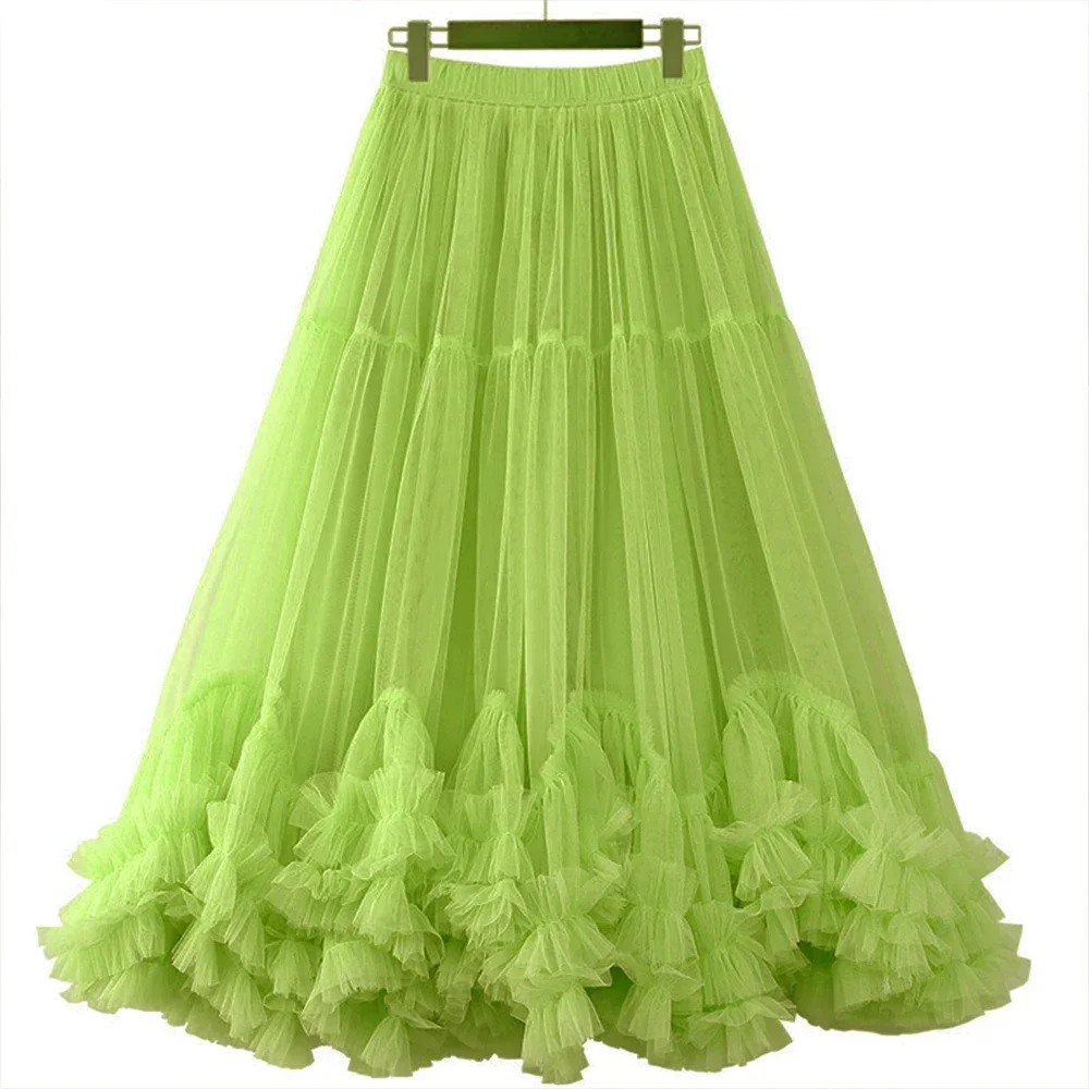 2024 Autumn Ball Gown Long Mesh Tulle Skirts Sweet Black Pink White Green Swing Princess Cake Birthday Party Tutu Women Skirt