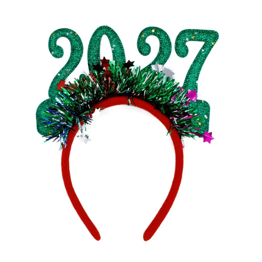 Adjustable Size 2027 Christmas Headband Light-Up Function Glitter Sequined New Year Headpiece Plastic Frame Flexible Design