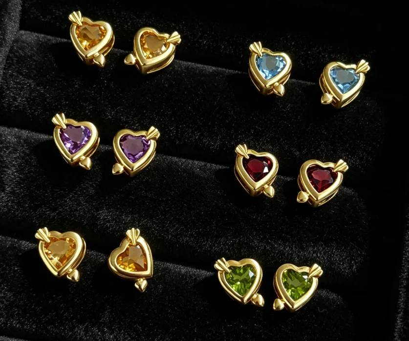 Certificate Luxury 925 Silver Natural Amethyst Peridot Topaz Garnet Heart Ear Buckle For Lady Timeless Love Earring Fine Jewelry