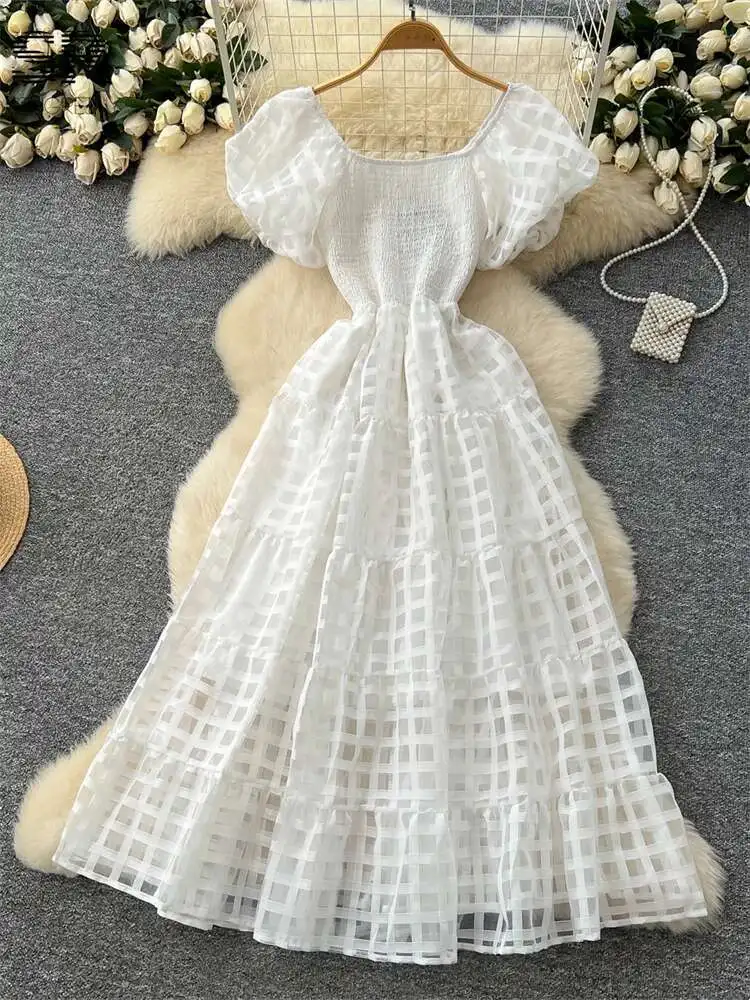 

BabYoung Vacation Plaid Puff Sleeves Square Collar Solid Ruched Sundress 2025 Women Senior A Line Party Large Swing Dress