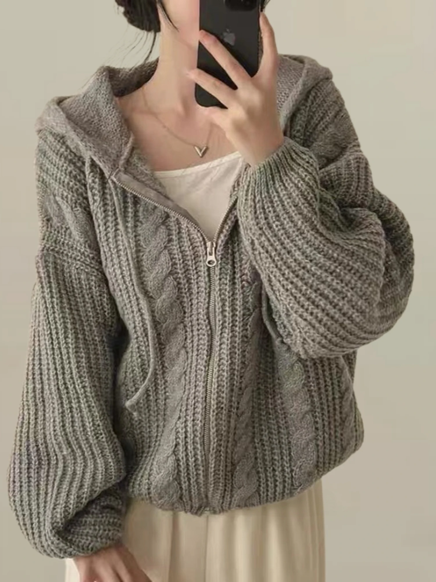 Loose Fit Korean Style Lazy Hat Double Zipper Twist Knitted Open Cardigan Women's Autumn Winter Short Size Small Sweater Jacket