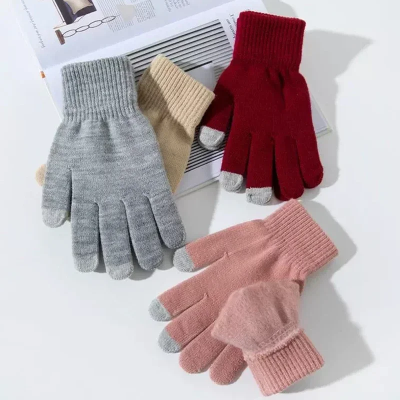 Зимние перчатки для сенсорных экранов для женщин и мужчин, плотные теплые эластичные вязаные варежки, шерстяные перчатки с закрытыми пальцами, Женские ветрозащитные велосипедные лыжные перчатки