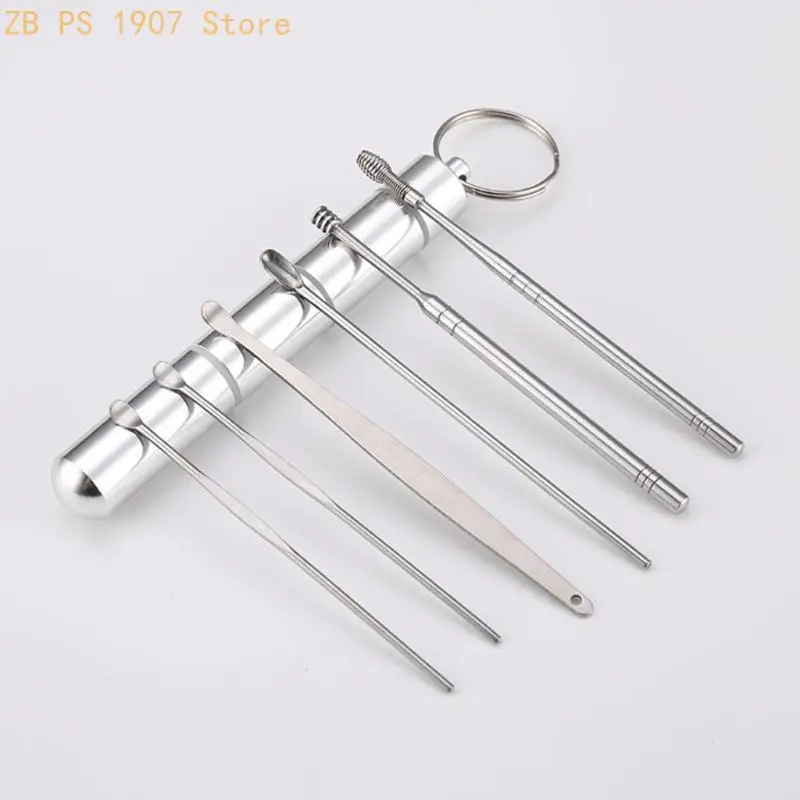 6PCS Pocket Ear Pick Cleaning Set Keychain with Portable Aluminium Alloy Bottle 55KA