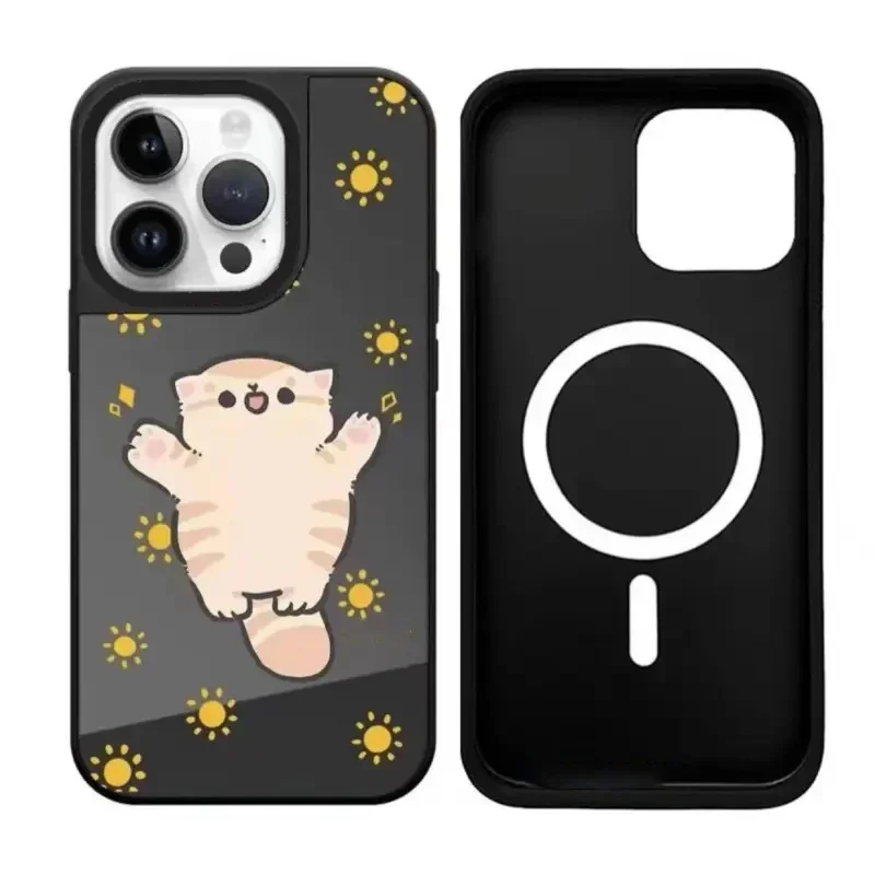 

Cute Cat iPhone 11 12 13 14 15 16 Pro Max Mirror Surface MagSafe Case Cover Shell