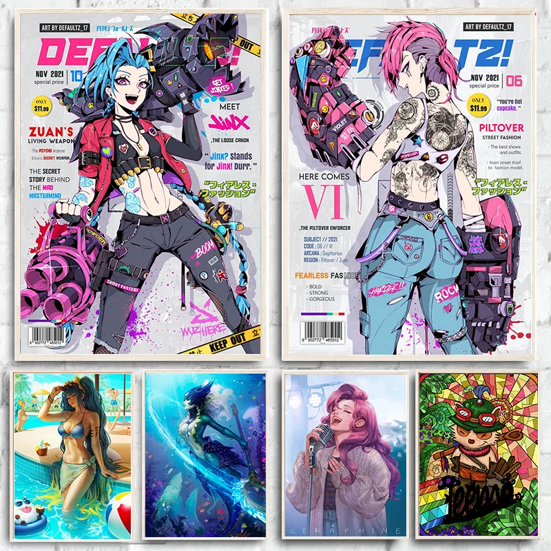 League of Legends Jinx/Vi Arcane Fashion Magazine Cover KDA Girl Canvas Painting Prints Wall Art for Living Room Home Decor Gift