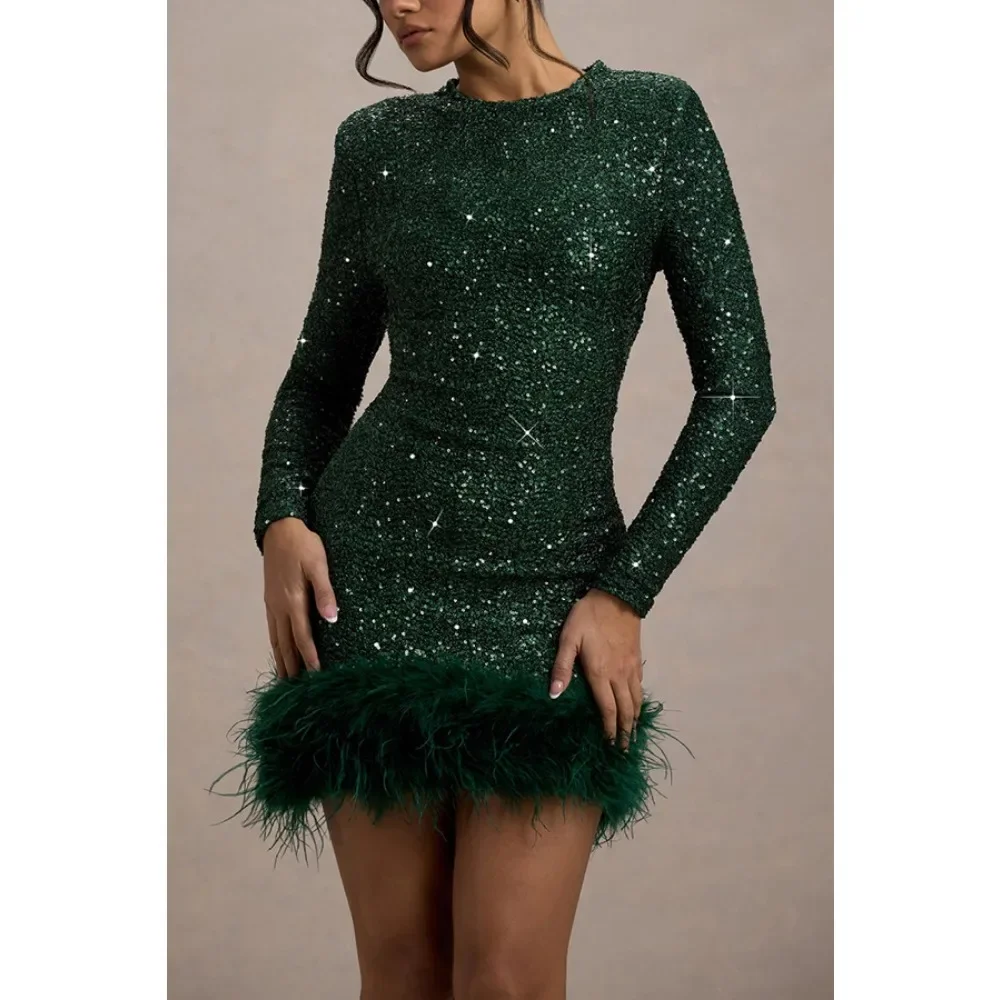 TWOTWINSTYLE Solid Spliced Sequines Slimming Dresses for Women O Neck Long Sleeve Temperament Dress Female Fashion New