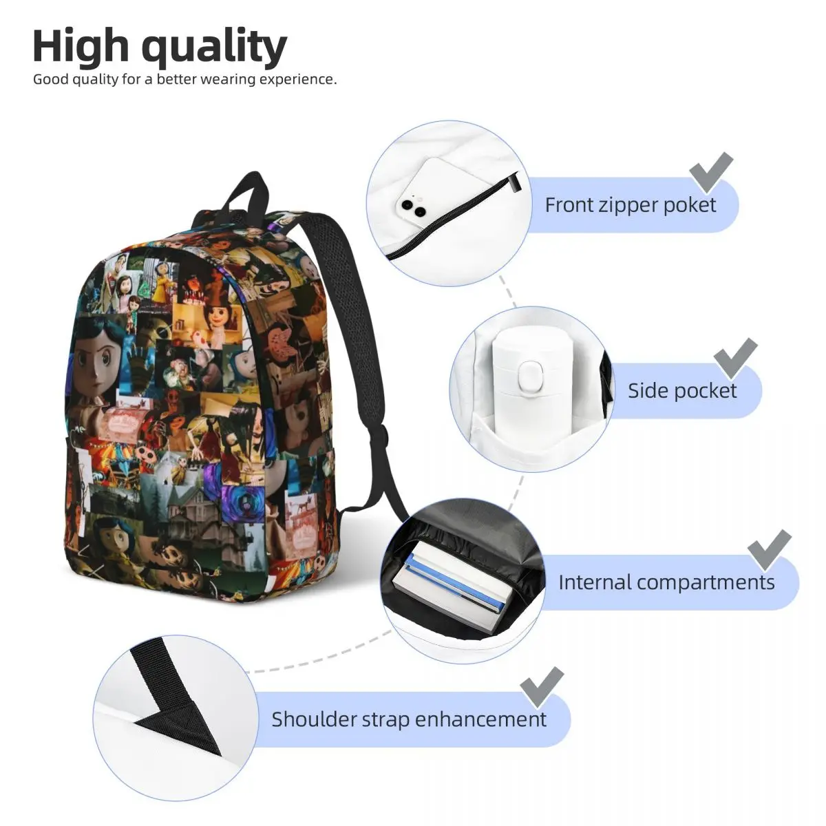 Coralines Cartoon Movies Teenage Backpack Student Hiking Travel Button Eyes Daypack for Men Women Laptop Computer Canvas Bags