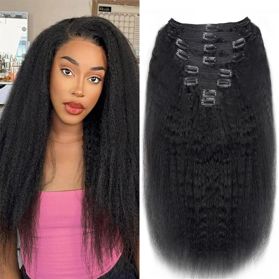 

Человеческие заколки для наращивания волос Kinky Straight 100% необработанные бразильские девственные волосы на всю голову, натуральный цвет, заколки для волос