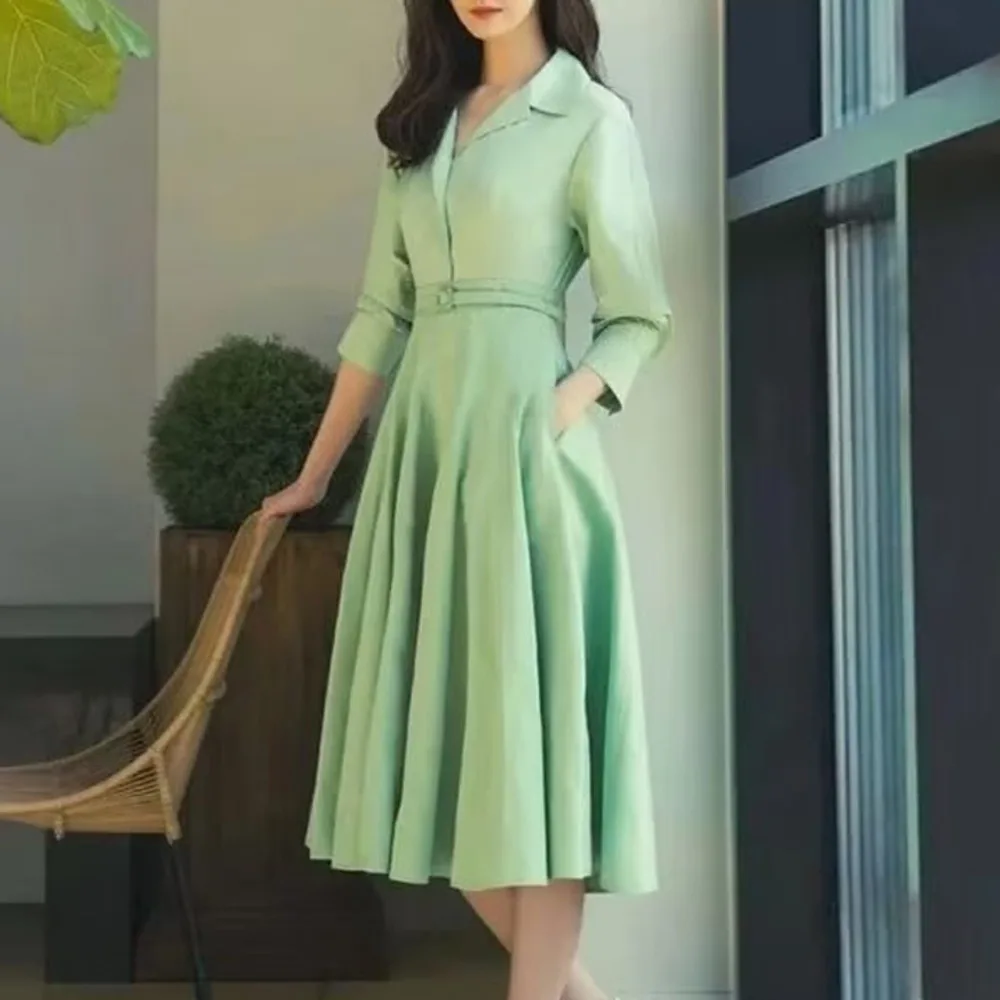 

Designer New High Quality Women's Spring Autumn Vintage Fashion Celebrity Casual Party Elegant Belts Slim Shirts Midi Dress