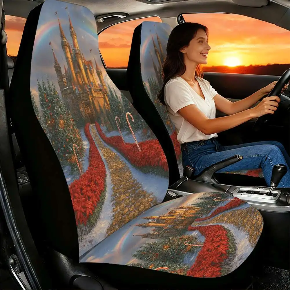 2pcs Festive Christmas Castle Car Seat Covers Suitable For Front Seats, High Back Design, Material, Suitable For Cars, SUVs And