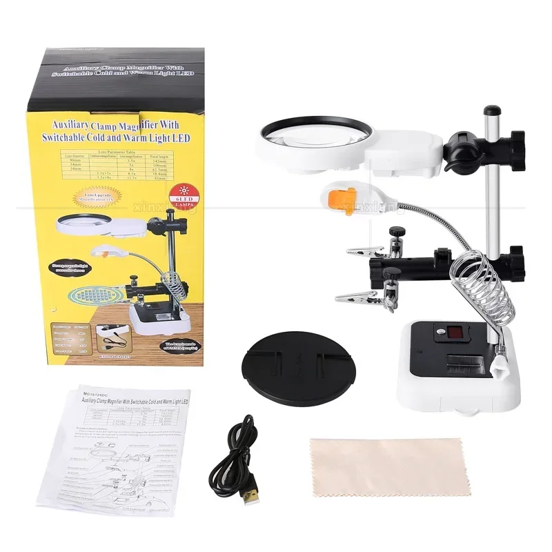 Third Hand Soldering Magnifying Glasses Desktop Magnifier Lamp 6 LED Helping Hand Magnifier Metal Solder Clamp Magnifying Glass