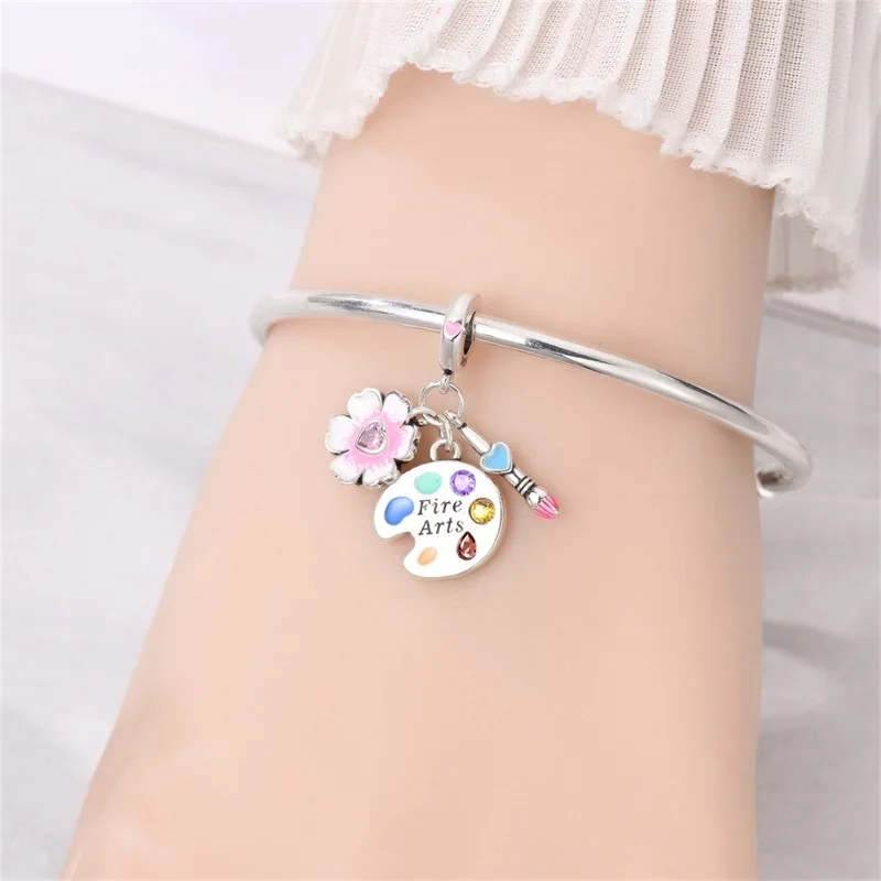 

Fit DIY Original 925 Sterling Silver Flower Art Board Charms Beads Sparkling CZ Zircon Dangle For Women Girls Jewelry Gifts