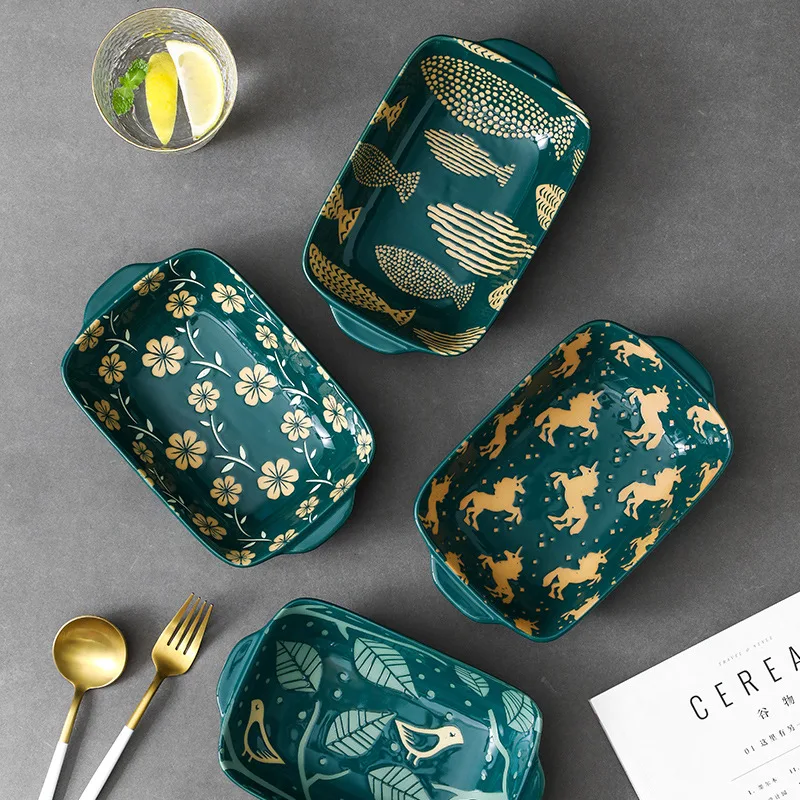 Embossed hand-painted underglaze ceramic tableware household salad deep baking pan binaural rectangular cheese baked rice bowl 3