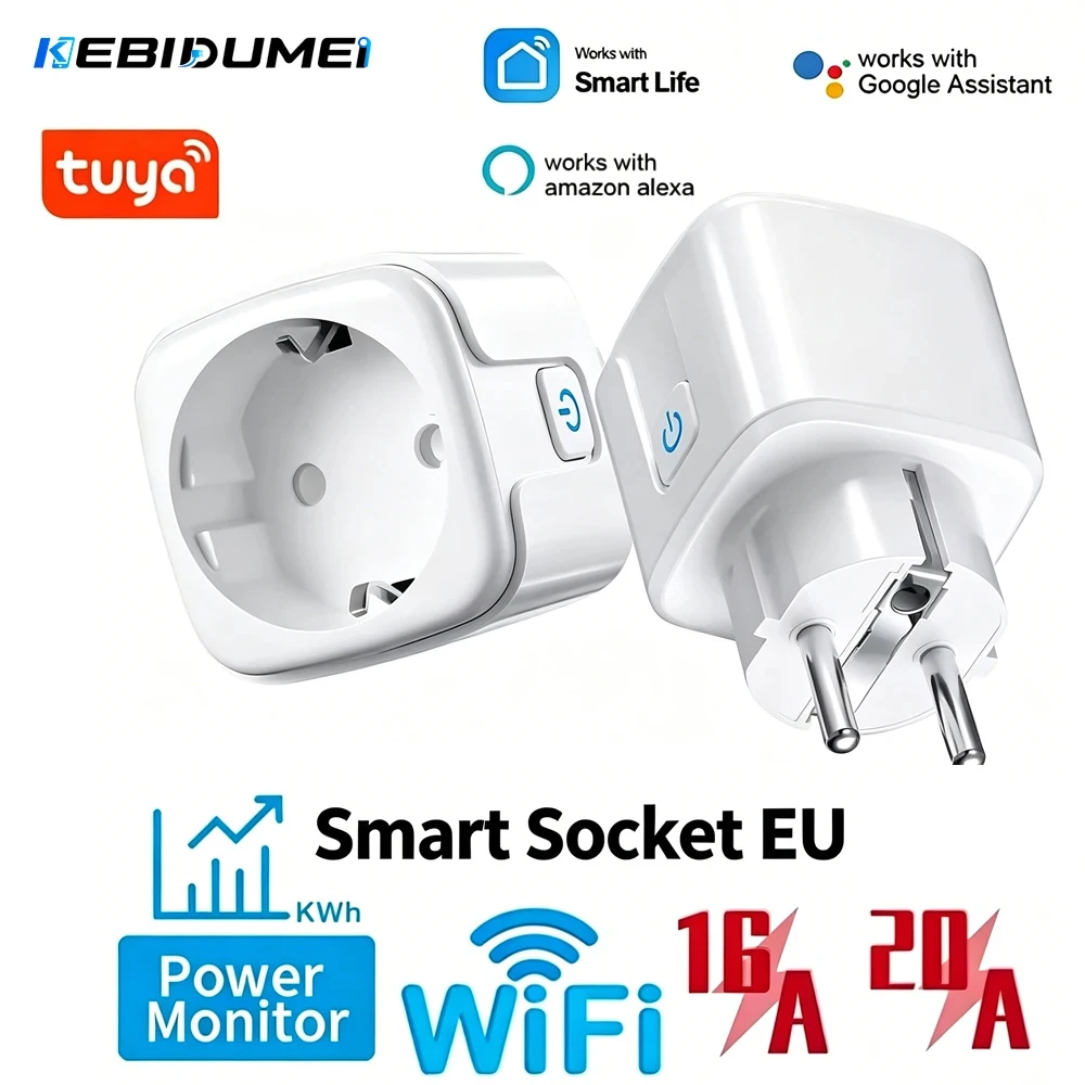 KEBIDUMEI Tuya Smart EU Plug WiFi+Bluetooth 16A 20A Smart Socket Power Monitor Timing Voice Control Works for Alexa Google Home