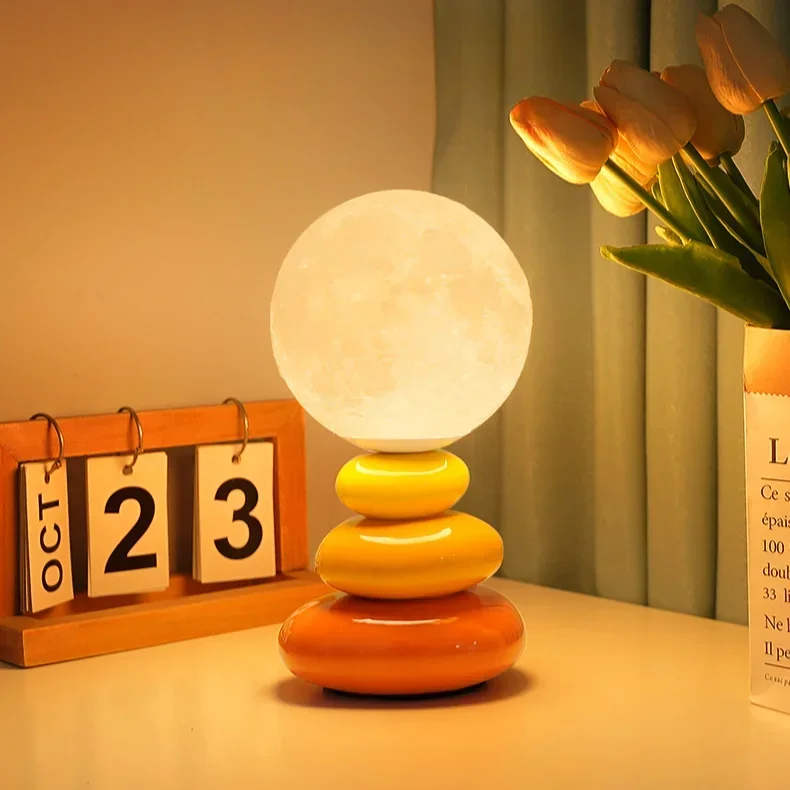 Cream Style High-end Bedside Ceramic Stacked Stone Table Lamp Bedroom Sleeping Planet Atmosphere Moon Lamp