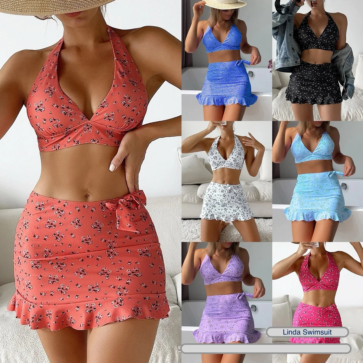 Women Swimsuit Three-piece Set Floral Print Blue Drawstring Deep V Halter Bikini Short Skirt Vacation Swimwear