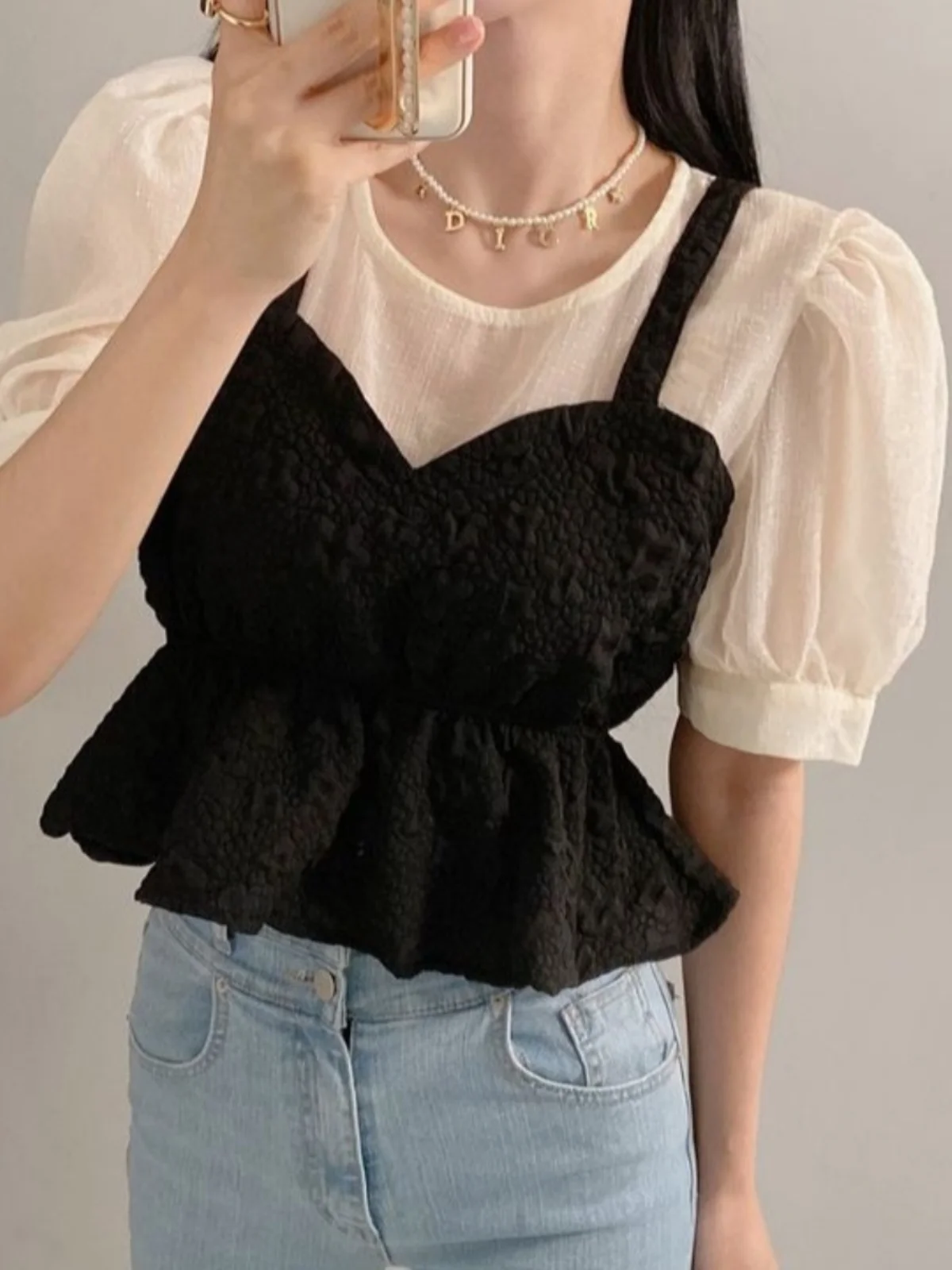 

2025 New Beautiful ort Bubble Sve Women's irt Patchwork Design Korean Sle Loose Fit Color Summer Faion
