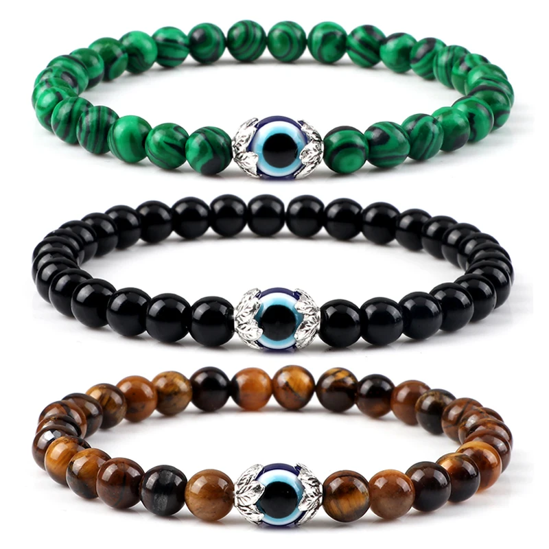 Fashion Turkish Blue Evil Eye Bracelets For Women Men 6mm Tiger Eye Lava Stone Onyx Beads Bracelet Elastic Rope Jewelry Pulseras