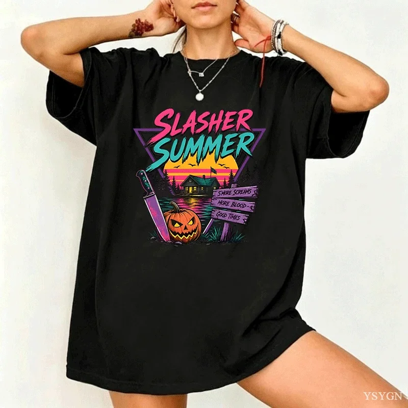 Vintage Slasher Summer 80s Synthwave Halloween Pure Cotton T-Shirt Women Men Summer Awesome T-Shirts Comfortable Harajuku Tees