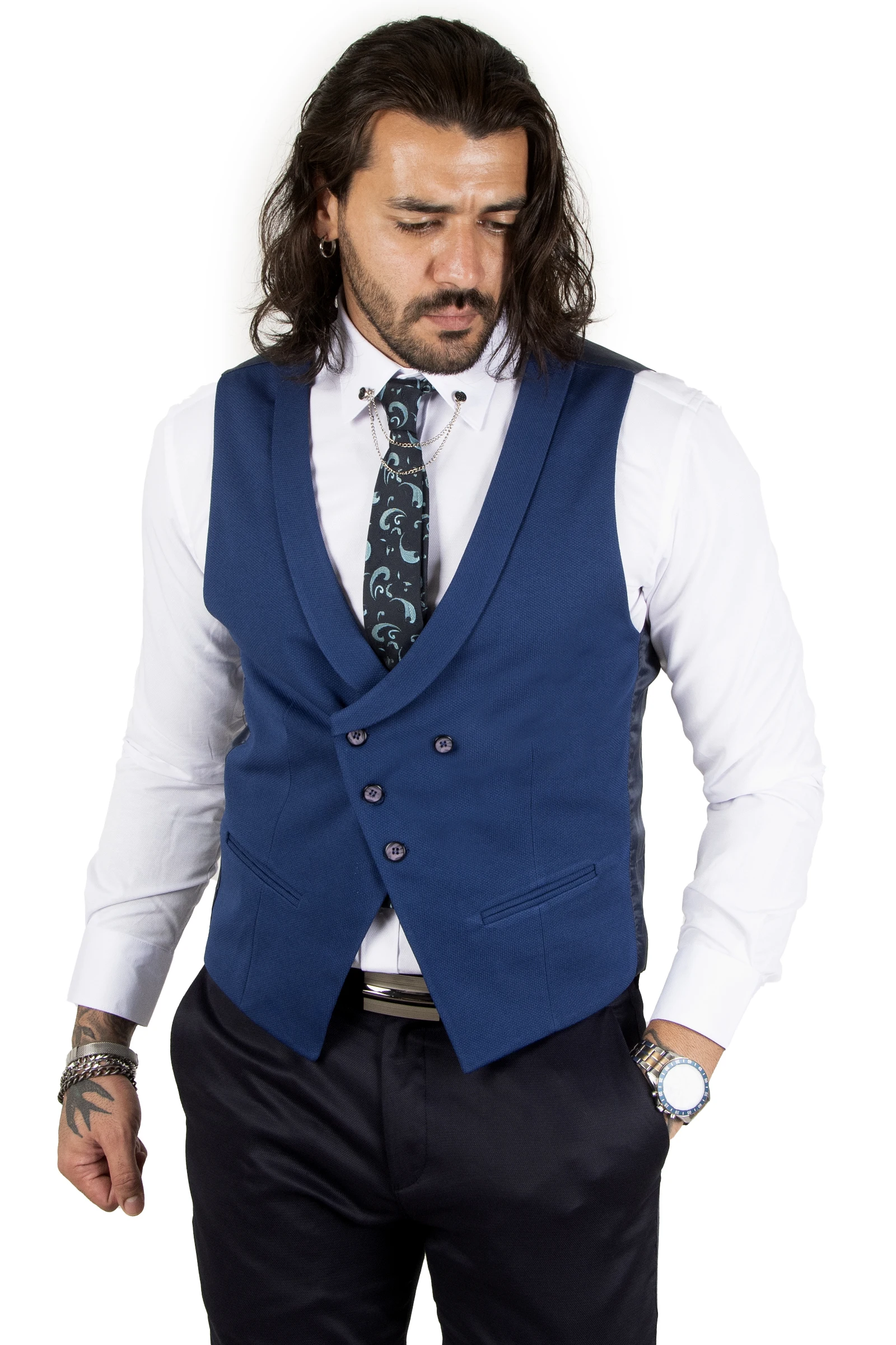 DeepSEA Patterned Narrow Cut Collar Cross Button Male Cepken-Vest 2006102