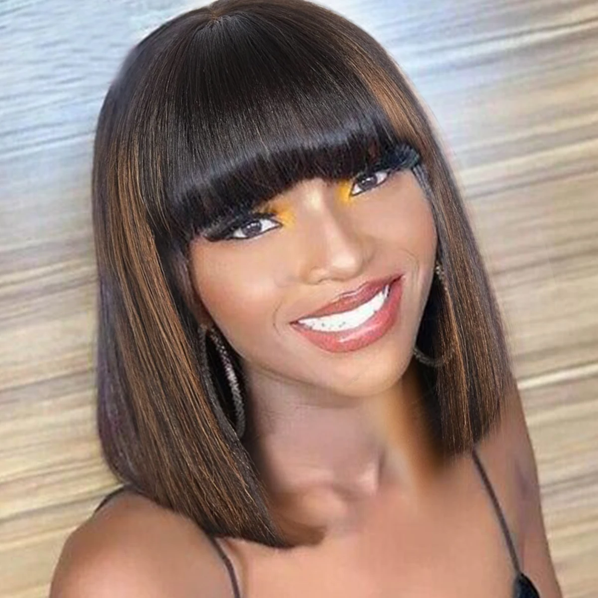 Straight Bang Bob Wigs Human Hair 250 Density Highlight Brown Straight Short Bob Wigs With Bangs 2x1 Middle Part Lace Wig