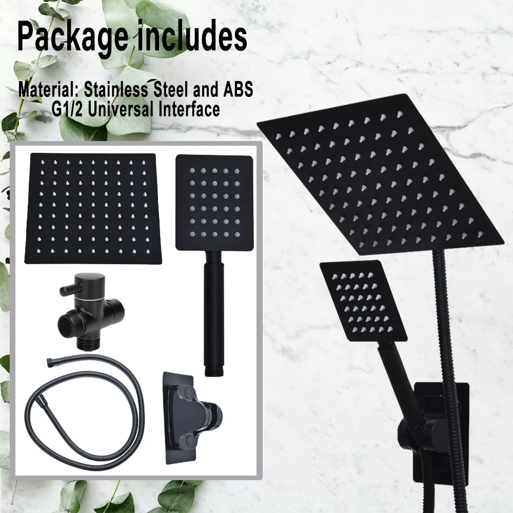 8 Inch Rain Shower Head with High Pressure Handheld Shower Head Top Shower Head Set with Hose Black High Pressure Square