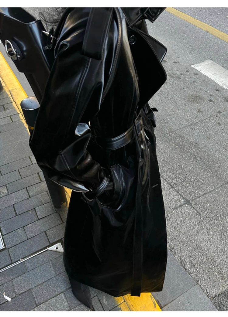 Lautaro Spring Autumn Extra Long Oversized Cool Reflective Shiny Black Patent Leather Trench Coat for Women Belt Runway Fashion