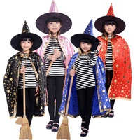 Halloween Costume Satin Cape with Hat for Kids Boys Wizard Girls Witch Cosplay Halloween Party Child Dress Up Ghost Clothes 2021