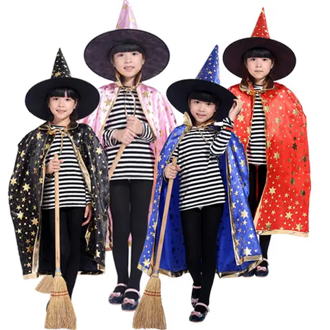 Halloween Costume Satin Cape with Hat for Kids Boys Wizard Girls Witch Cosplay Halloween Party Child Dress Up Ghost Clothes 2021