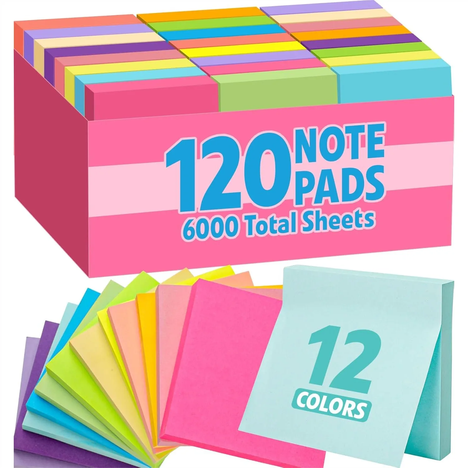 

120 Pads Sticky Notes 3x3 Bright Colors Self-Stick Bulk for School Office Supplies