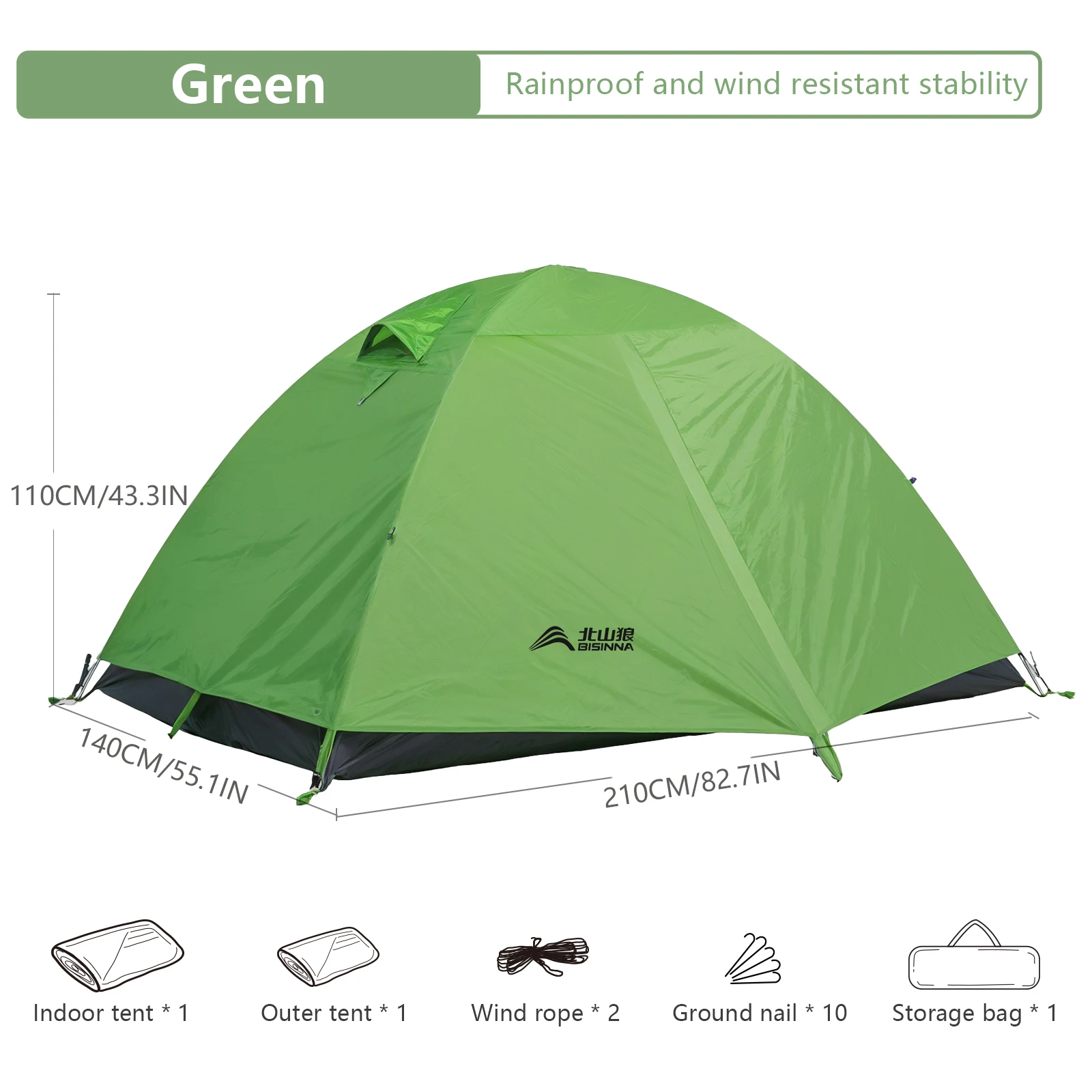 BISINNA Campingtent 2-persoons draagbare waterdichte backpacktent Dubbellaags buiten wandelen reizen kampeeruitrusting