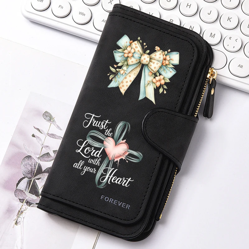 Cross Heart Faith Quote Floral Bow Lange Geldbörse mit Reißverschluss und Schnalle, Handtaschen, Münzgeldbörse, weiches PU, Multi-Kartenhalter, Tasche mit großem Fassungsvermögen – Detail 9